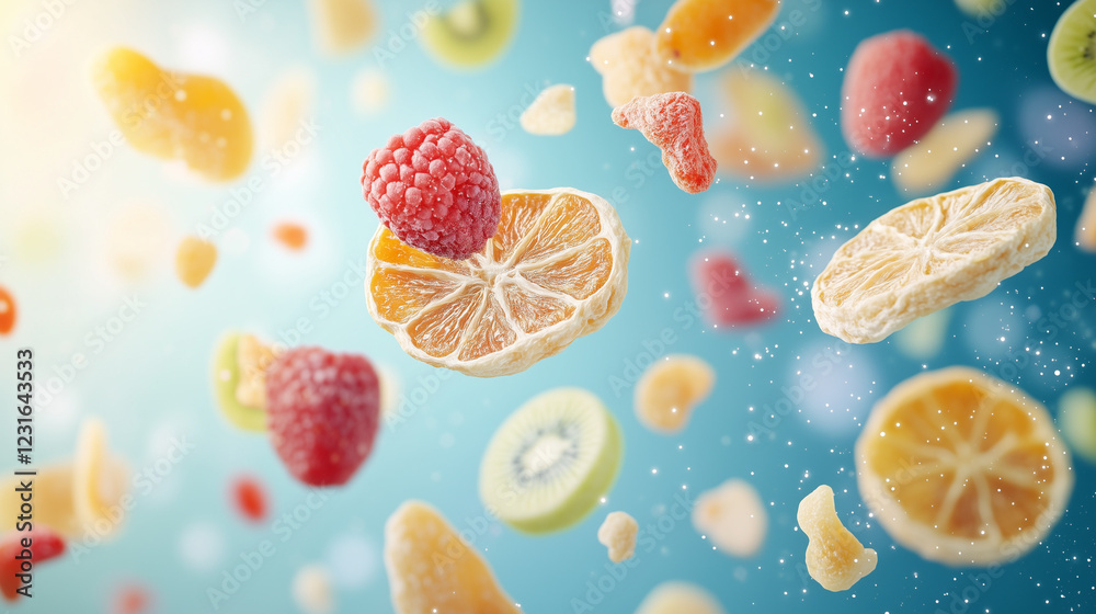 A Burst of Sweetness: A captivating image of assorted dried fruits and berries frozen in mid-air, showcasing their vibrant colors and textures against a cool, dynamic background. A Burst of Sweetness: A captivating image of assorted dried fruits and berries frozen in mid-air, showcasing their vibrant colors and textures against a cool, dynamic background.