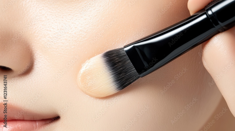 Close-up of foundation application with a makeup brush on a woman's cheek.