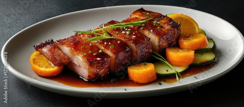 Crispy glazed pork belly with orange and ginger sauce garnished with green onions and sesame seeds on a light oval plate with cucumbers and citrus