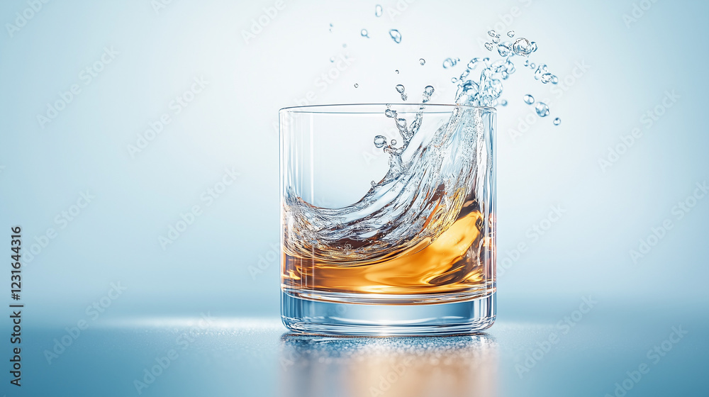 Whiskey Splash: A splash of amber liquid creates an alluring swirl in a clear glass of whiskey, captivating the viewer with a dramatic, almost abstract composition. Whiskey Splash: A splash of amber liquid creates an alluring swirl in a clear glass of whiskey, captivating the viewer with a dramatic, almost abstract composition.