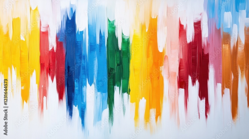 Fototapeta premium Vibrant vertical rainbow brushstrokes of acrylic paint on a white canvas.