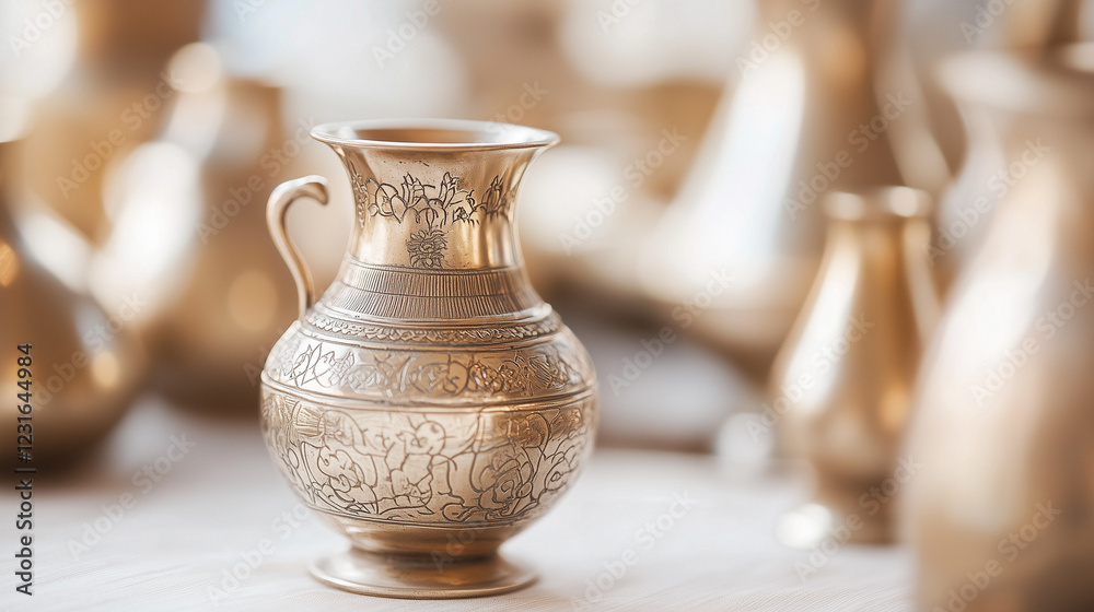 Ornate Brass Pitcher: An antique brass pitcher with intricate engravings, gleaming under the warm glow of a nearby light source, takes center stage, highlighting its timeless beauty. Ornate Brass Pitcher: An antique brass pitcher with intricate engravings, gleaming under the warm glow of a nearby light source, takes center stage, highlighting its timeless beauty.