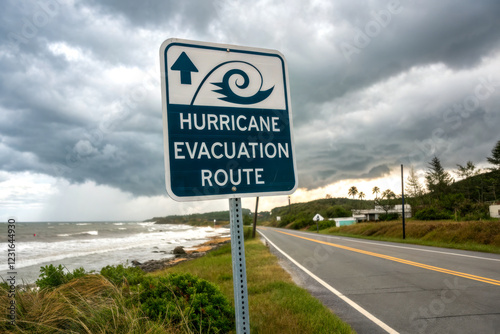 A sign indicating a hurricane evacuation route, set against a backdrop of dark clouds and a turbulent sea.