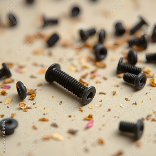 Background made from a macro shot of scattered, black grub screw on table. photo