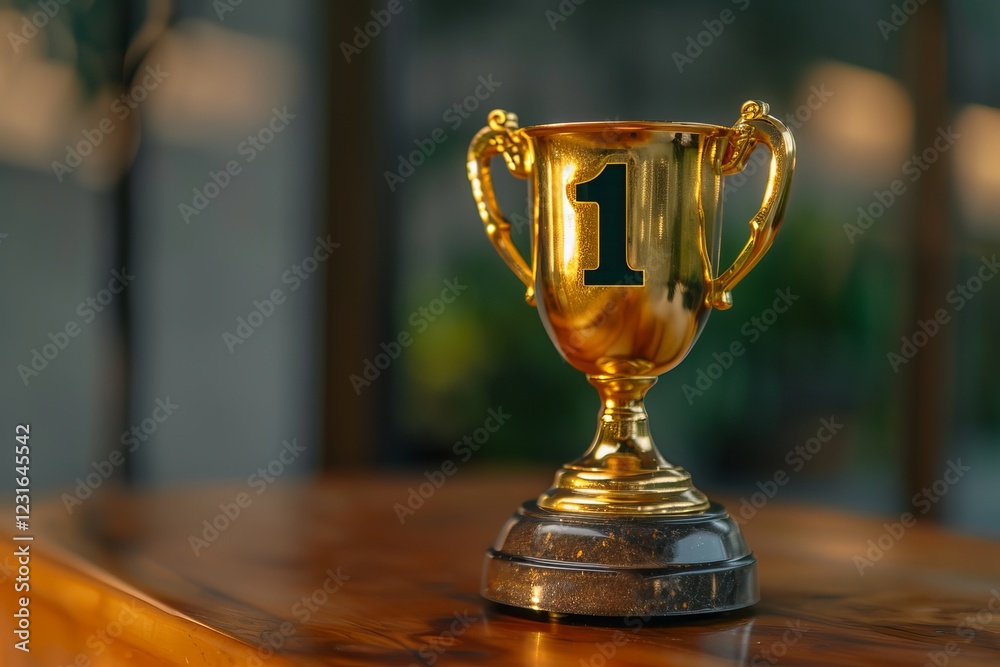 A shiny golden trophy with the number '1' prominently displayed, resting on a wooden table in a soft-lit background. Symbol of First Place Triumph,Victory in Gold A shiny golden trophy with the number '1' prominently displayed, resting on a wooden table in a soft-lit background. Symbol of First Place Triumph,Victory in Gold