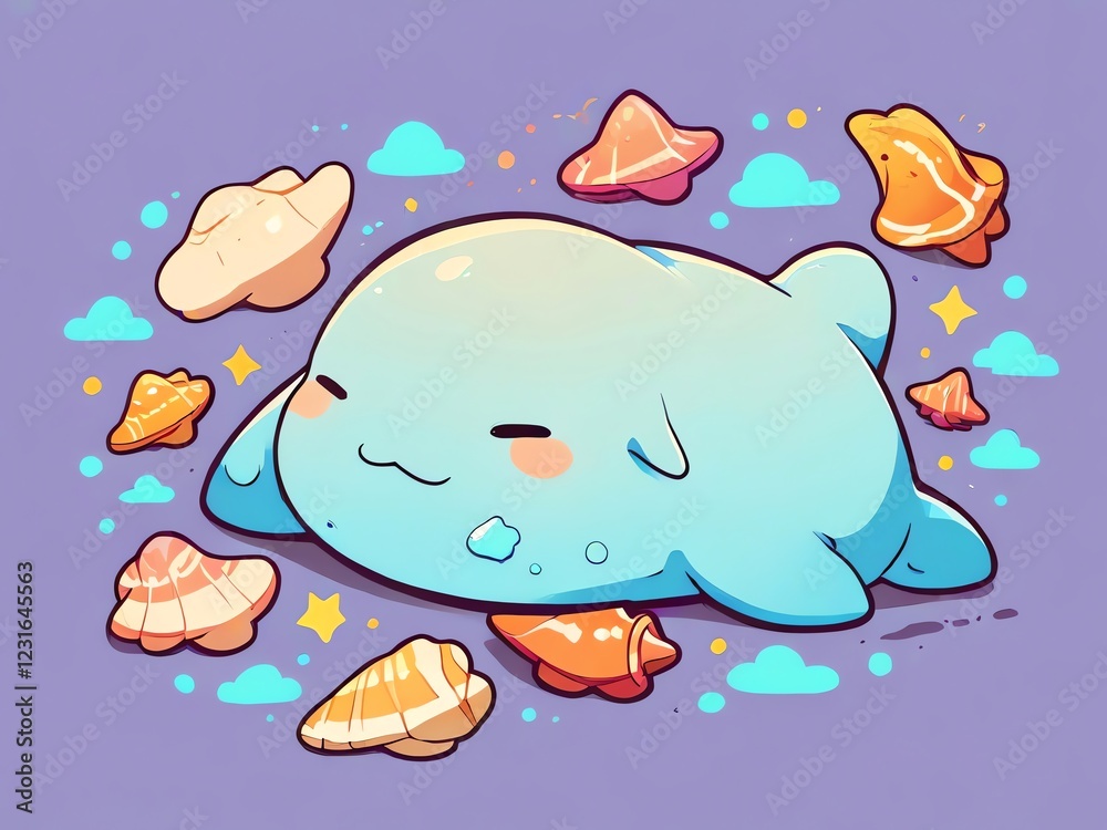 Adorable Blue Creature Resting Among Seashells and Clouds Adorable Blue Creature Resting Among Seashells and Clouds