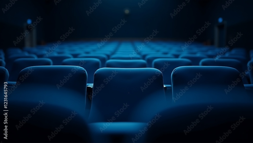 Deep blue seats in a spacious auditorium evoke readiness and a sense of collective experience, ideal for theatrical or conference media Deep blue seats in a spacious auditorium evoke readiness and a sense of collective experience, ideal for theatrical or conference media
