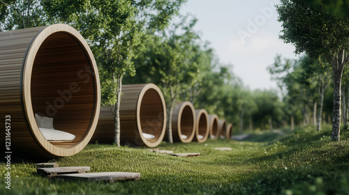 Wooden Barrel Cabins: A row...
