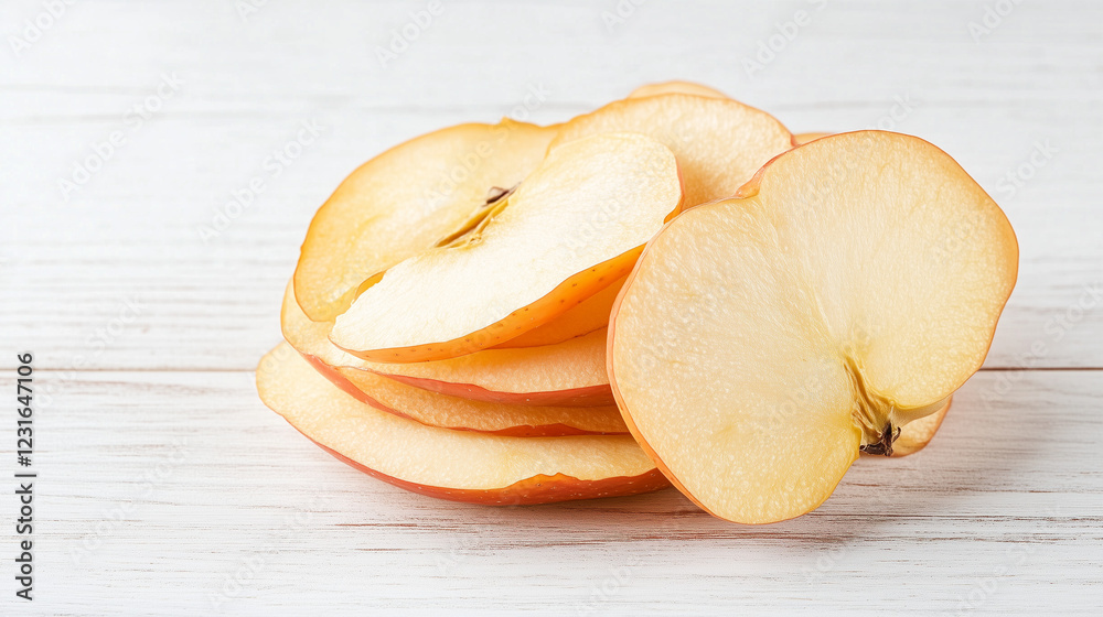 Apple Slices on Wood: Thinly sliced apples arranged artfully on a light wood surface, showcasing their juicy flesh and vibrant color. The image evokes a sense of freshness and natural goodness. Apple Slices on Wood: Thinly sliced apples arranged artfully on a light wood surface, showcasing their juicy flesh and vibrant color. The image evokes a sense of freshness and natural goodness.
