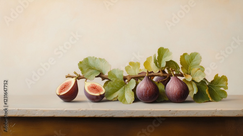 Still Life of Figs: A captivating still life showcasing a branch of ripe figs, with two halved to reveal their juicy, crimson flesh. Delicate leaves adorn the branch.
