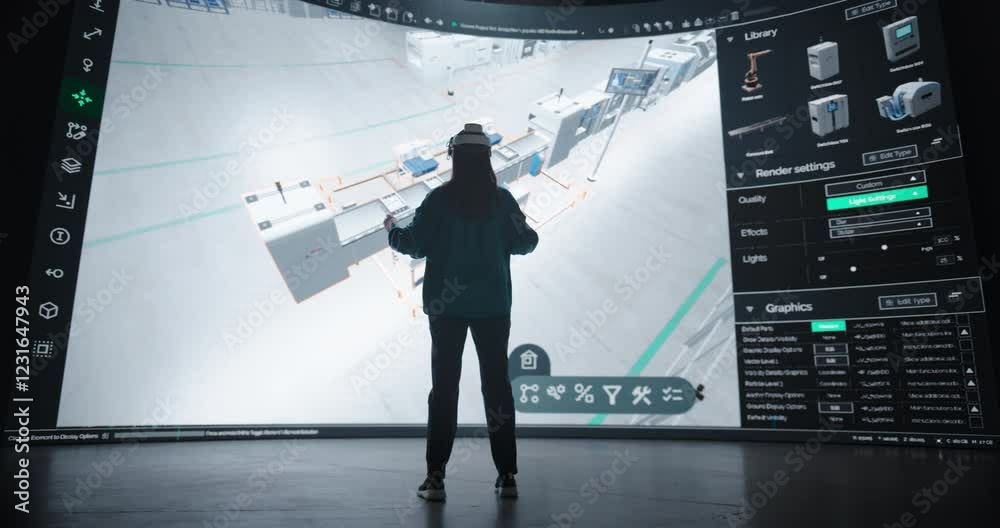 Female Industrial Designer Using Virtual Reality Technology to Optimize a Smart Factory Floor. Young Engineer Experiments with Virtual Layouts, Simulates Production Flows and Manufacturing Process