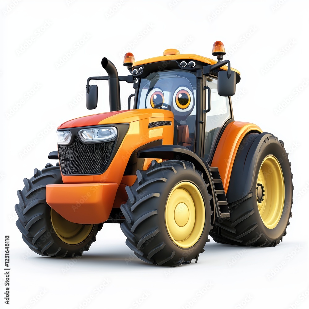 Obraz premium Cartoon-style tractor with exaggerated features and a smiling face, centered on a clean white background
