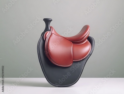 Red leather saddle studio shot, white table, grey background, equestrian product photo