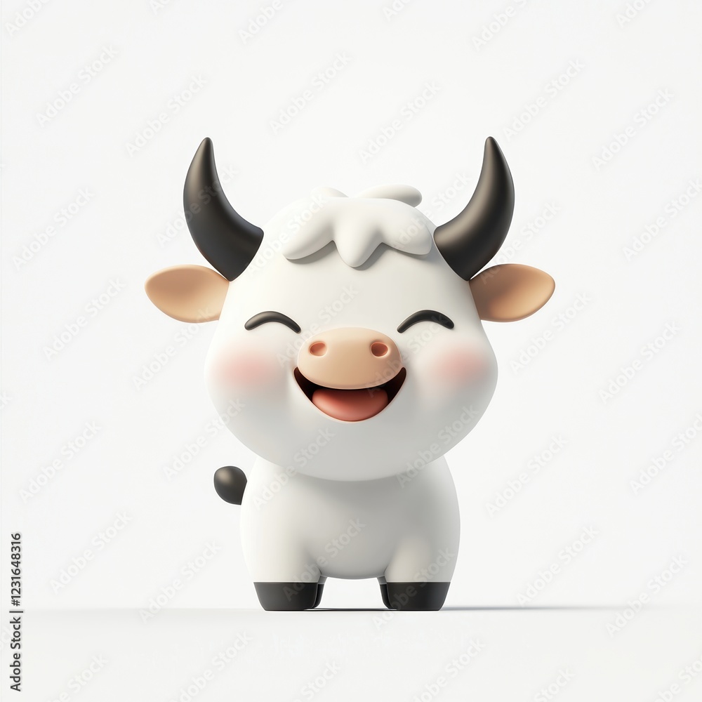 Fototapeta premium Cartoon-style happy cow with a cute smile and small horns, centered on a clean white background