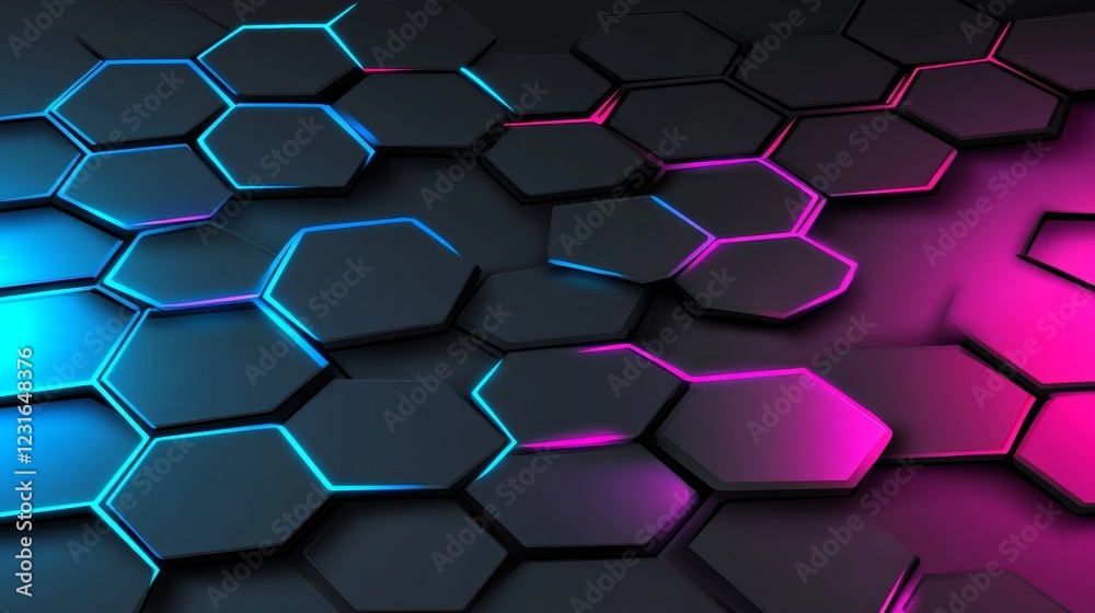 Abstract Hexagon Composition Neon Pink and Blue 3D Render, Geometric, Technology Abstract background, Hexagon pattern Abstract Hexagon Composition Neon Pink and Blue 3D Render, Geometric, Technology Abstract background, Hexagon pattern