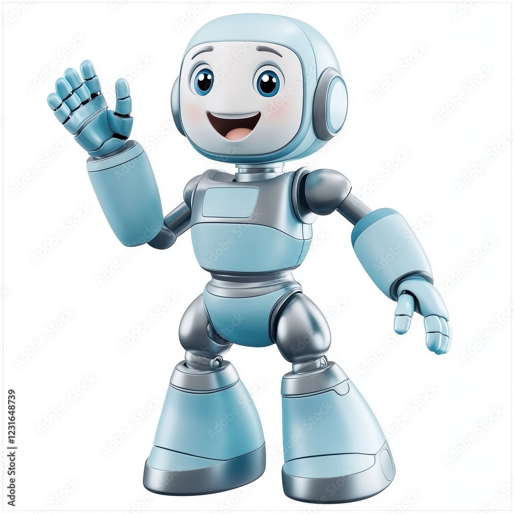 cheerful humanoid robot in pastel blue and silver, waving its hand and showing a happy expression, centered on a clean white background cheerful humanoid robot in pastel blue and silver, waving its hand and showing a happy expression, centered on a clean white background