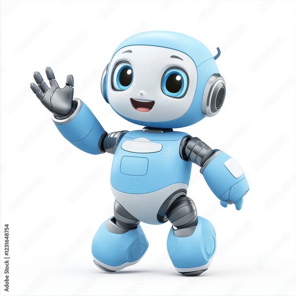 cheerful humanoid robot in pastel blue and silver, waving its hand and showing a happy expression, centered on a clean white background cheerful humanoid robot in pastel blue and silver, waving its hand and showing a happy expression, centered on a clean white background