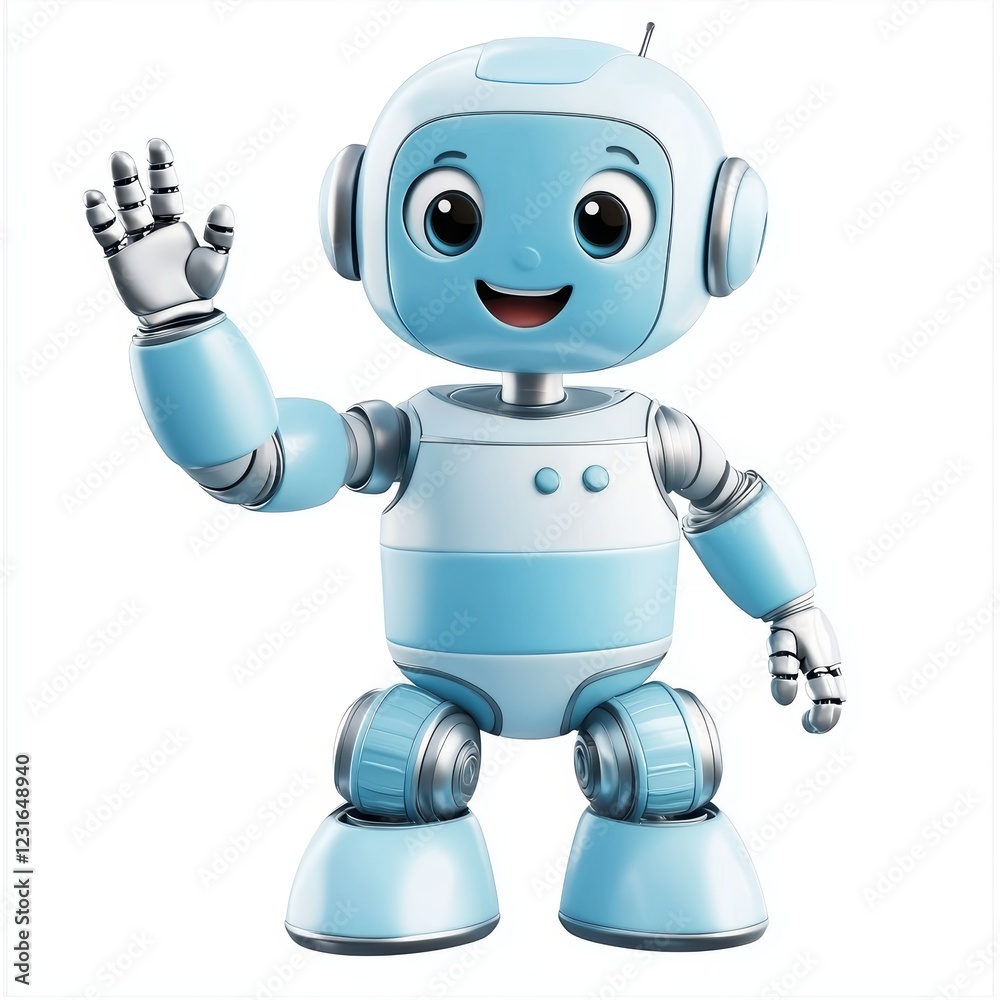 cheerful humanoid robot in pastel blue and silver, waving its hand and showing a happy expression, centered on a clean white background cheerful humanoid robot in pastel blue and silver, waving its hand and showing a happy expression, centered on a clean white background