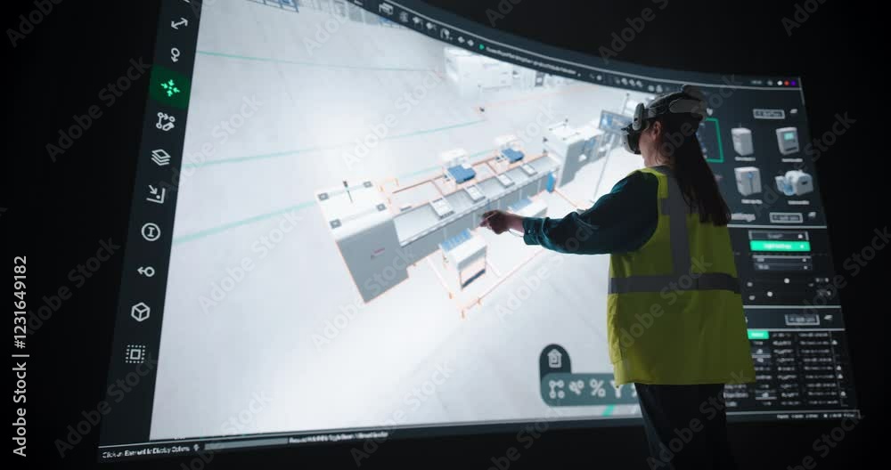 Manufacturing Female Engineer in VR Headset Optimizes Production Flow in a Simulated Factory Environment. Specialist in High-Visibility Vest Analyzing and Improving the Manufacturing Process