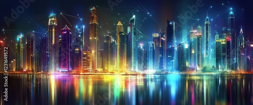 Wallpaper Mural Neon cityscape waterfront night reflection, digital art Torontodigital.ca