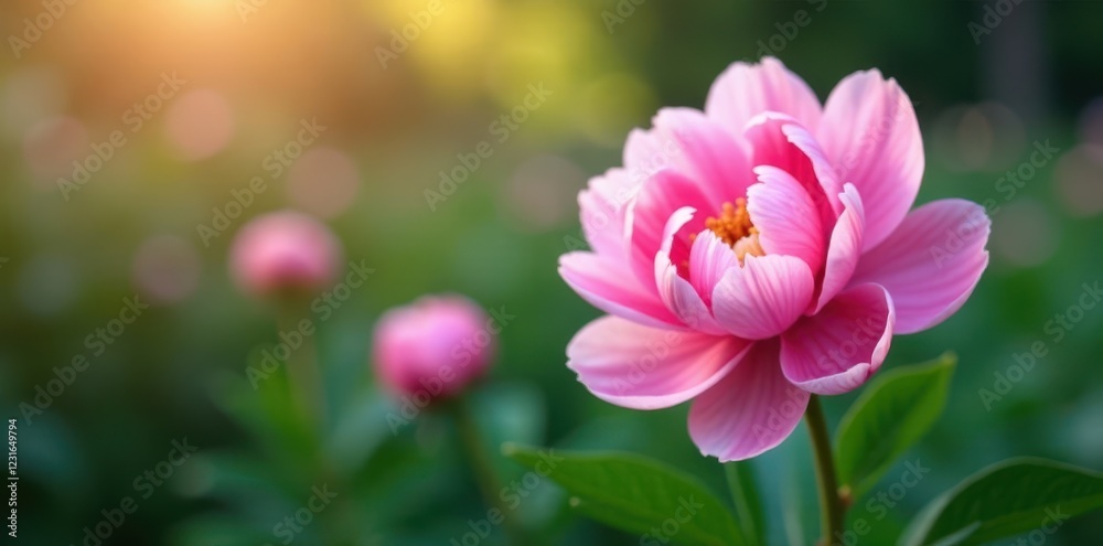 Fototapeta premium Soft pink peony blossoms, lush petals, blurred background, celebration, pretty