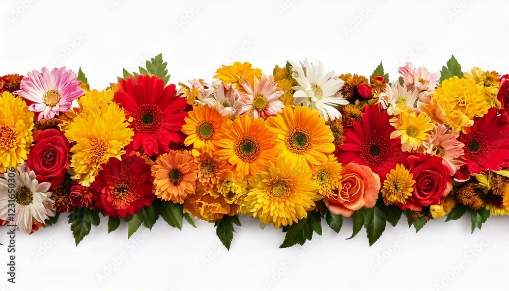 Obraz premium Panoramic view- roses, gerberas, daisies, marigold (tagetes). Horizontal