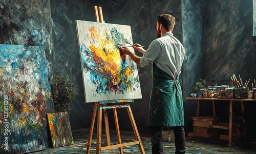Artist creating vibrant abstract painting in studio space