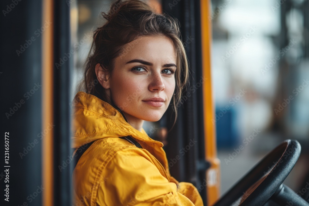 Woman in yellow driving an industrial vehicle in warehouse; for transportation or logistic usage