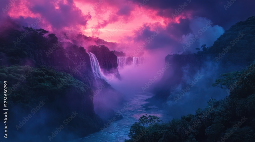 Obraz premium Majestic waterfall at sunset, lush rainforest, mist, vibrant colors, travel photography