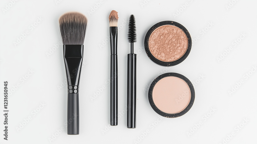 Makeup Essentials Flatlay: A stylish flatlay showcasing a foundation brush, angled brush, mascara, and two pressed powder compacts, arranged against a clean backdrop. Makeup Essentials Flatlay: A stylish flatlay showcasing a foundation brush, angled brush, mascara, and two pressed powder compacts, arranged against a clean backdrop.