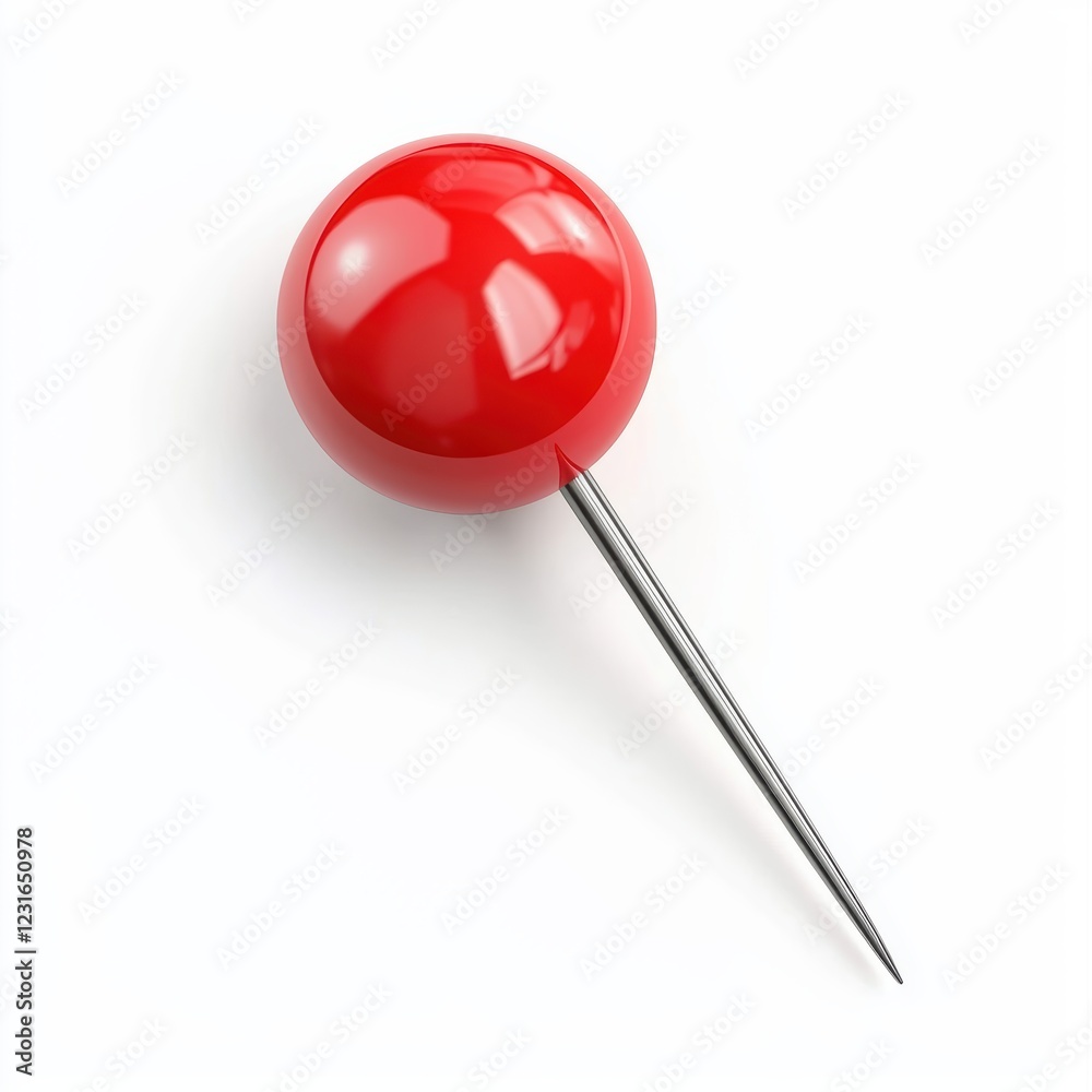 Classic red push pin with a sharp metal tip and glossy plastic head, isolated on a clean white background Classic red push pin with a sharp metal tip and glossy plastic head, isolated on a clean white background