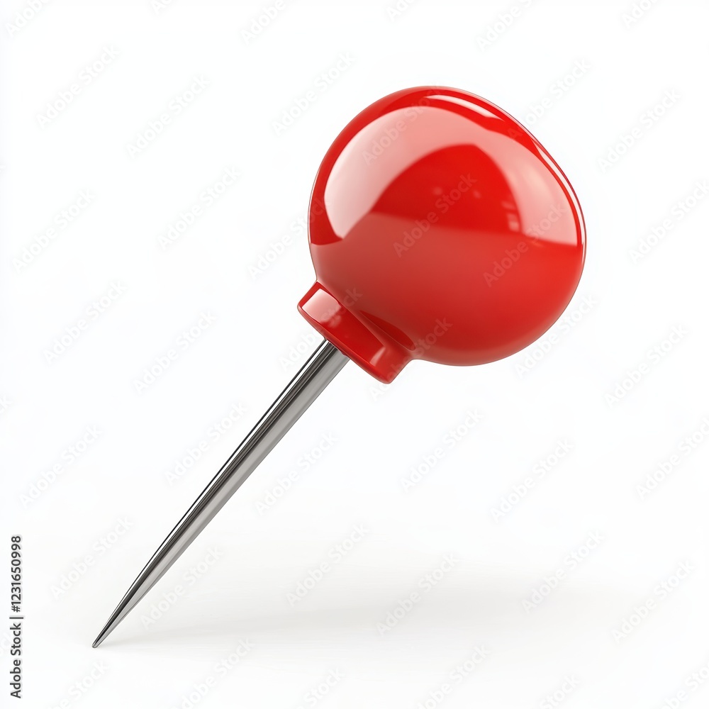 Classic red push pin with a sharp metal tip and glossy plastic head, isolated on a clean white background Classic red push pin with a sharp metal tip and glossy plastic head, isolated on a clean white background