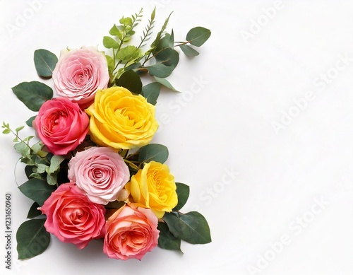 Pink and yellow rose flowers with eucalyptus leaves in a corner