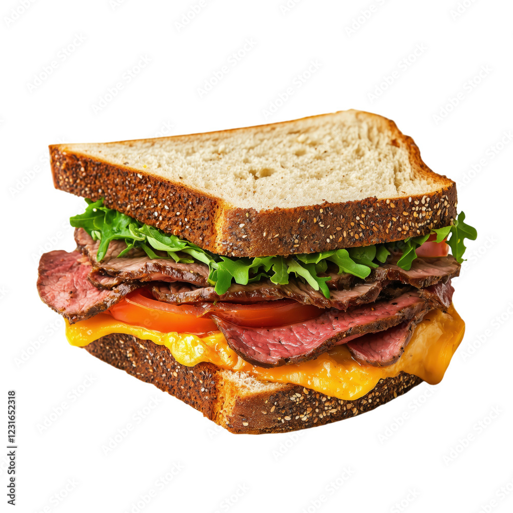 A fresh beef sandwich with lettuce, tomato, red onion, and cheese in a crispy baguette, isolated on a transparent background. A fresh beef sandwich with lettuce, tomato, red onion, and cheese in a crispy baguette, isolated on a transparent background.