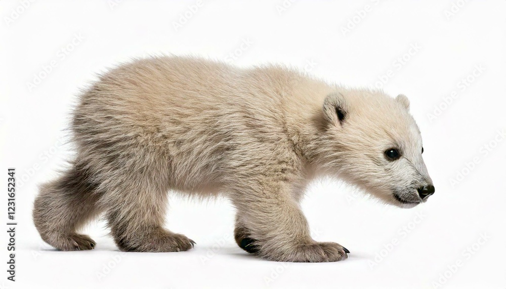 Fototapeta premium Generated image Polar bear cub, Ursus maritimus, 3 months old, walking against white