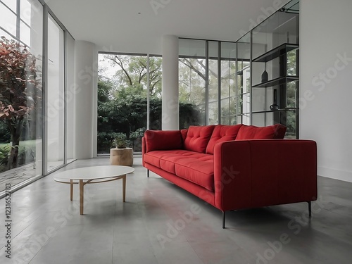 Stylish Modern Living Room with Red  Sofa Elegant Home Decor and Cozy Vibes