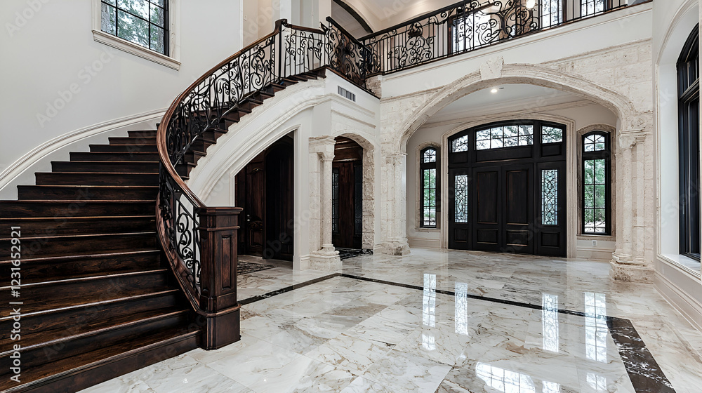 Grand home entrance, curved staircase, marble floor, arched doorway Grand home entrance, curved staircase, marble floor, arched doorway