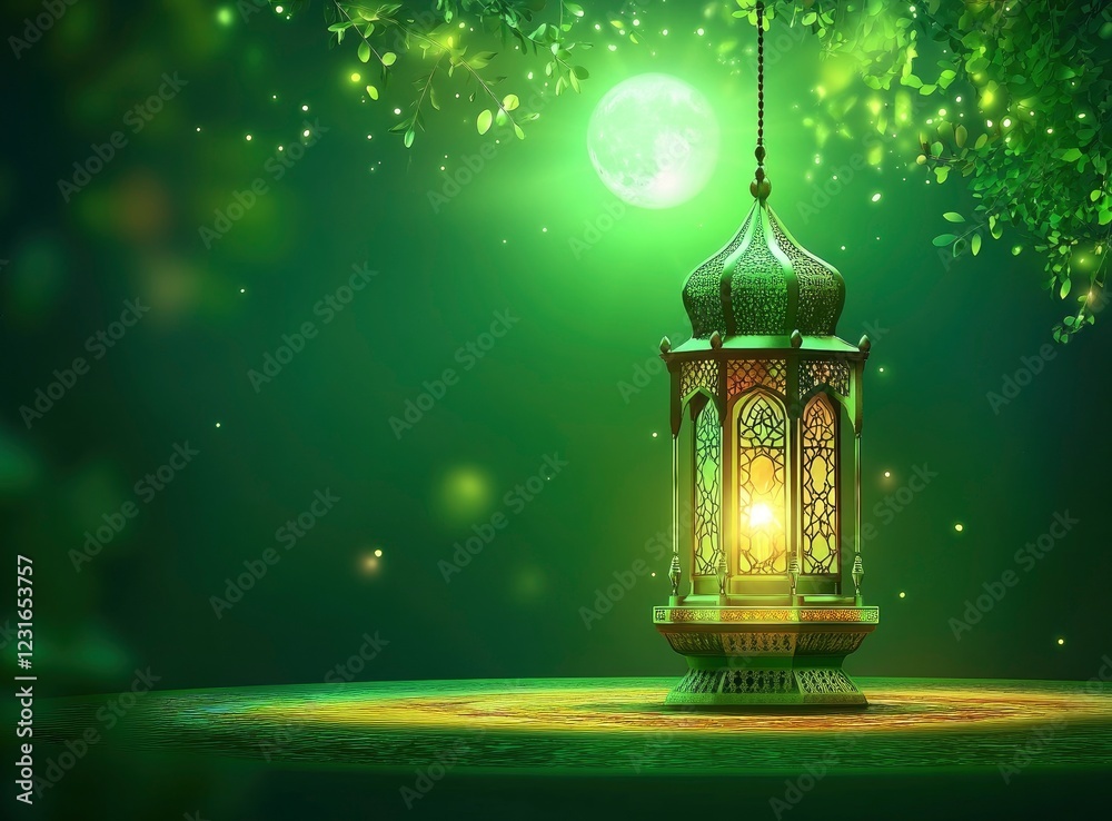 Eid Mubarak and Ramadan Kareem greetings with an Islamic lantern, moon, and mosque. A gold podium stands on a green background vector Eid Mubarak and Ramadan Kareem greetings with an Islamic lantern, moon, and mosque. A gold podium stands on a green background vector