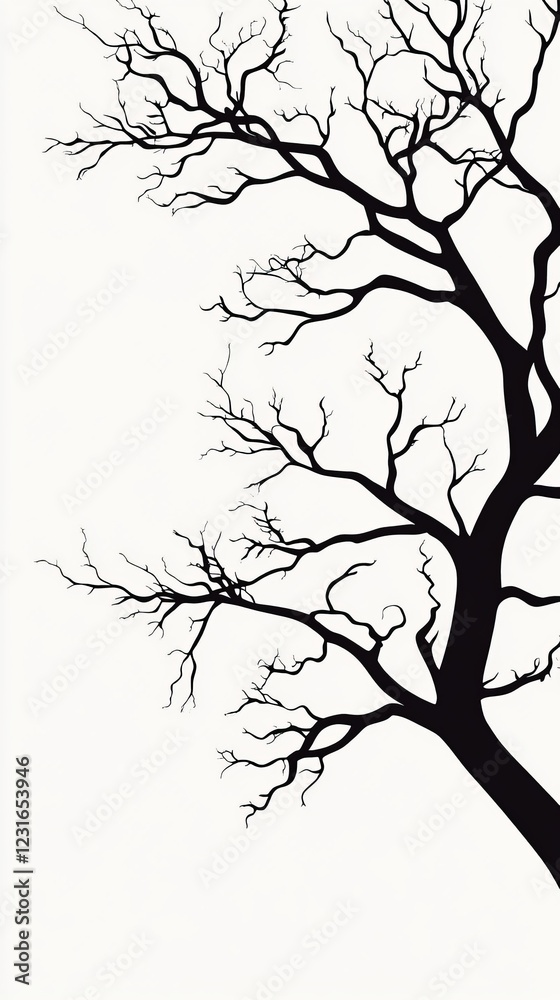 Fototapeta premium A striking silhouette of a leafless tree branch on a white background, perfect for minimalist and nature-themed designs.