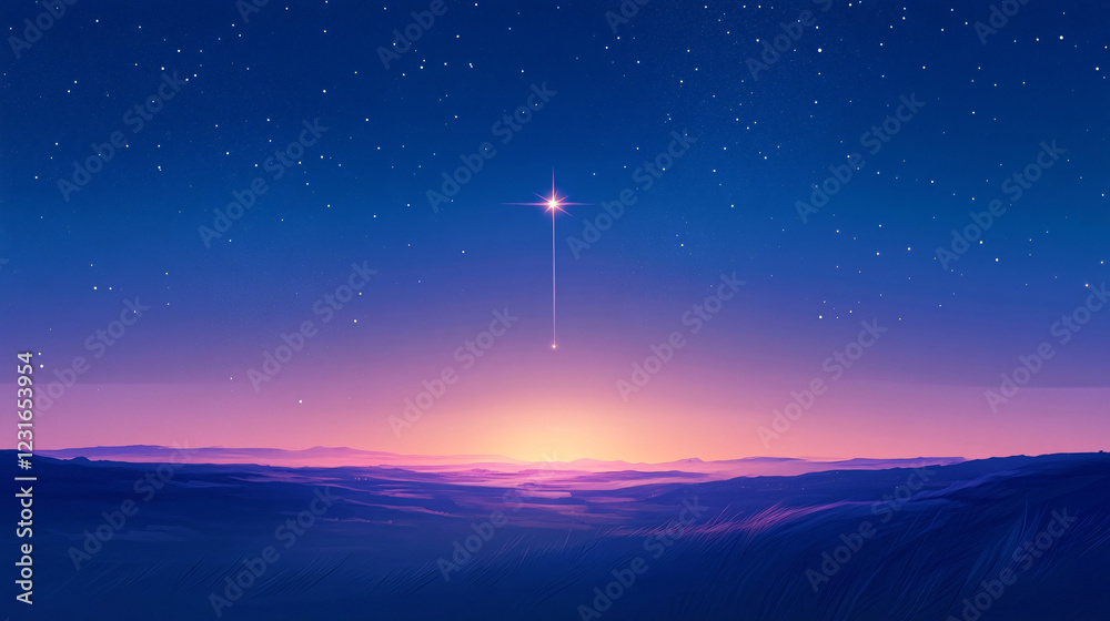 Obraz premium A radiant star descends towards the horizon over a vast landscape bathed in soft twilight hues blending into a deep blue celestial sky 