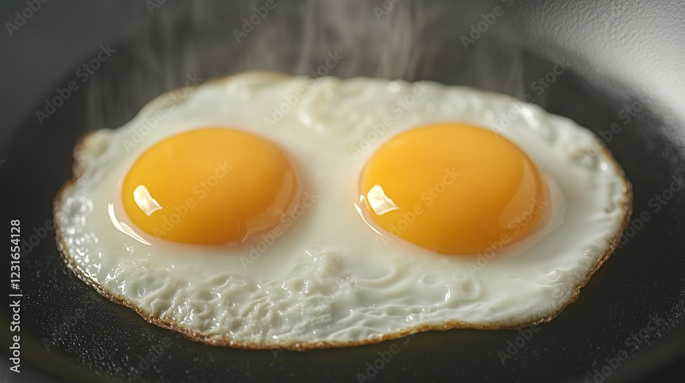 Two Sunny-Side Up Eggs: A close-up shot of two perfectly cooked sunny-side up eggs in a pan. The yolks are bright yellow and runny, with delicate steam rising from the surface. Two Sunny-Side Up Eggs: A close-up shot of two perfectly cooked sunny-side up eggs in a pan. The yolks are bright yellow and runny, with delicate steam rising from the surface.