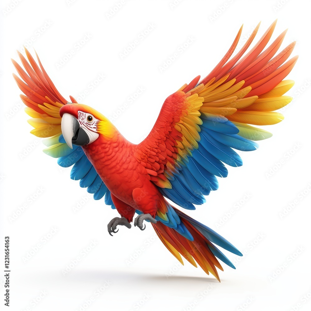 Fototapeta premium Colorful macaw parrot with its wings outstretched, placed on a bright white background