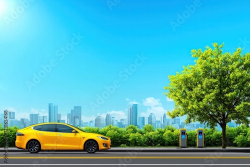 Yellow Electric Car Parked Near Charging Station with a City Skyline and Blue Sky photo