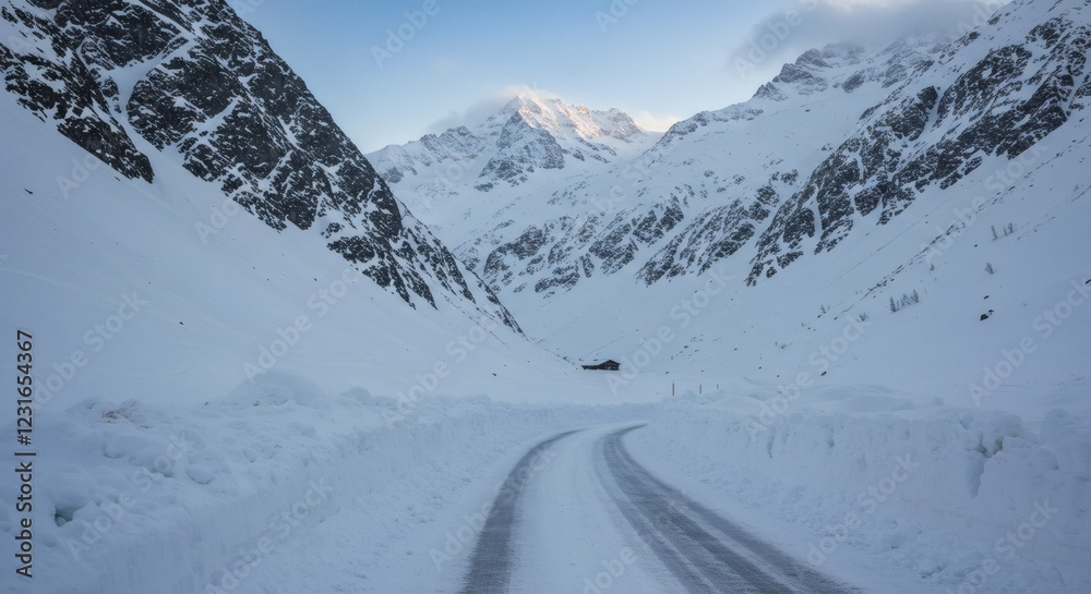 Obraz premium Snowy Mountain Road Winding Through Winter Landscape