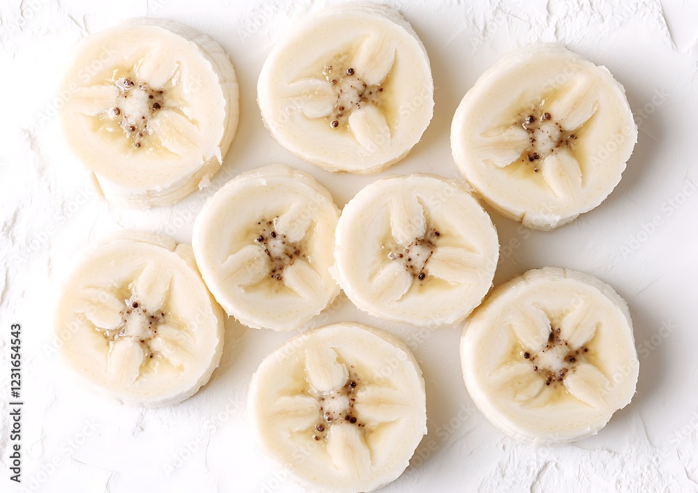 Sliced bananas overhead on white, healthy snack Sliced bananas overhead on white, healthy snack