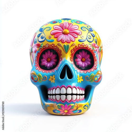 Colorful sugar skull with floral decorations, symbolizing Mexicoâ???s Day of the Dead, isolated on a clean white background photo