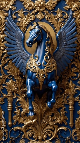A royal vintage coat of arms featuring a majestic blue and golden horse with intricately detailed wings. This emblem symbolizes strength, nobility, and heritage, embodying timeless elegance and power.