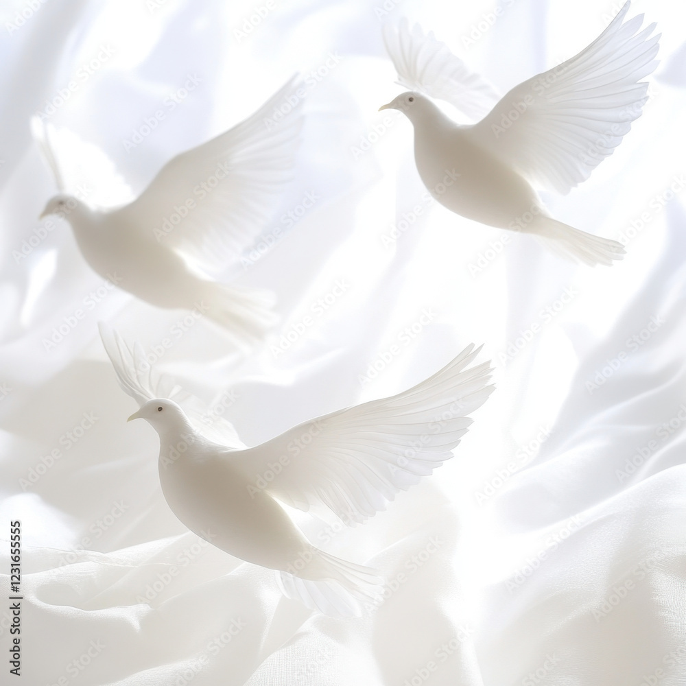 Fototapeta premium White doves in flight against soft, white background create serene and peaceful atmosphere. delicate feathers and graceful movements evoke feelings of tranquility and hope