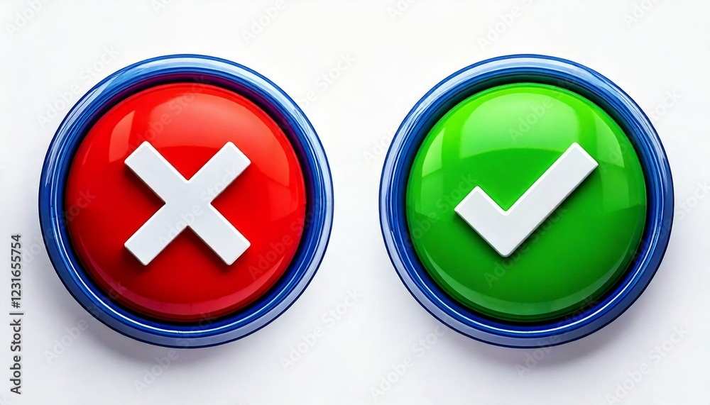 Realistic right and wrong 3D Button. A set of glossy round icons with Realistic right and wrong 3D Button. A set of glossy round icons with