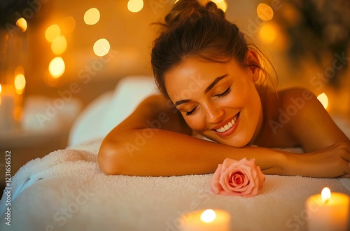 Woman on bed with candles and rose
